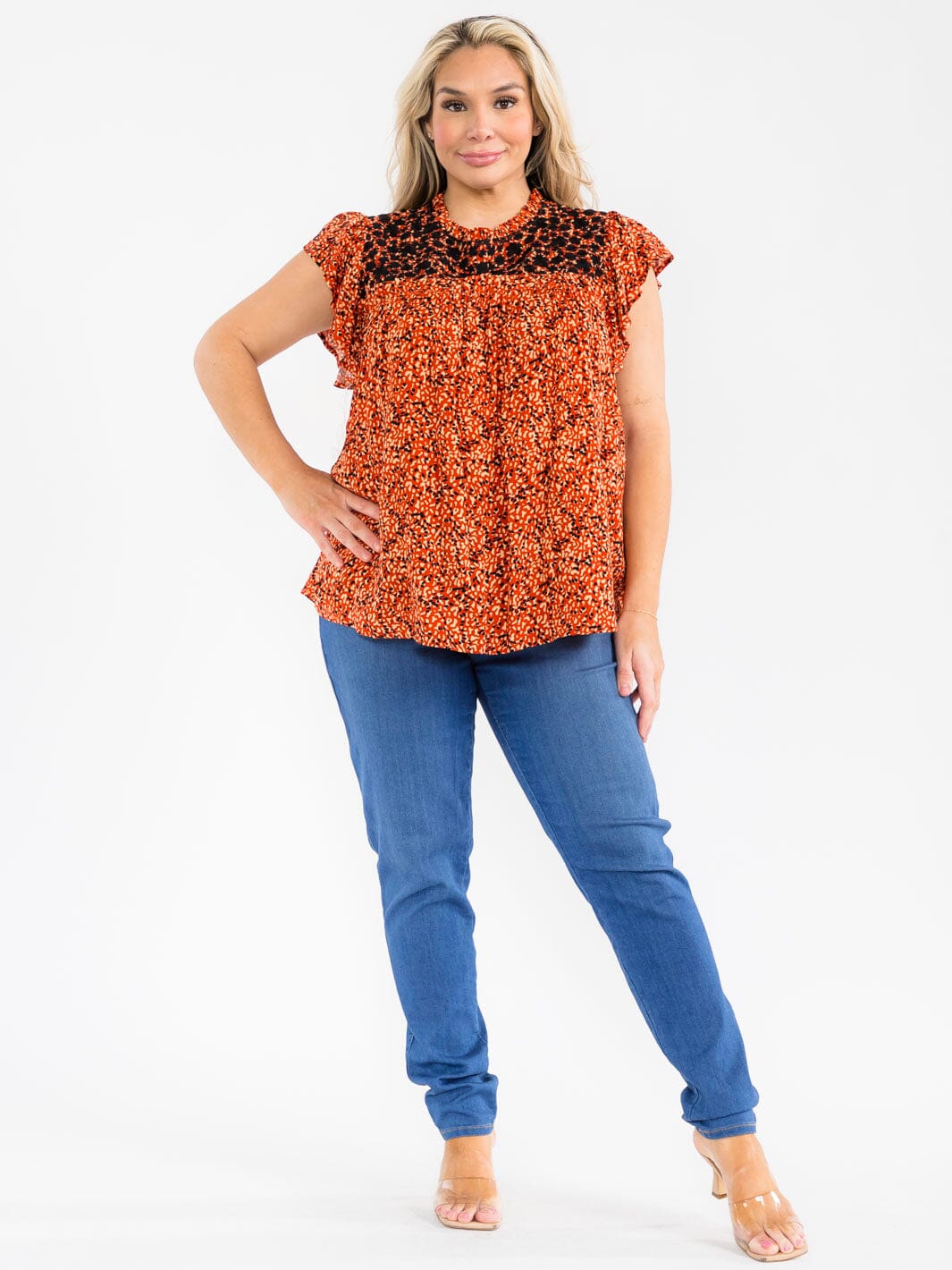 PLUS SIZE SHORT RUFFLE SLEEVE FLORAL EMBROIDERY TUNIC BLOUSE