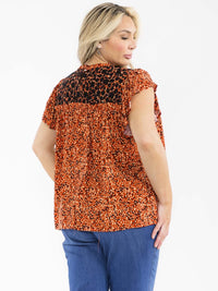 PLUS SIZE SHORT RUFFLE SLEEVE FLORAL EMBROIDERY TUNIC BLOUSE
