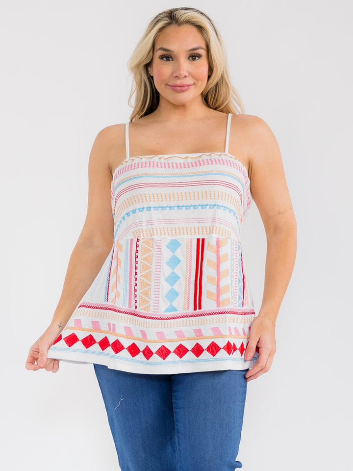 PLUS SIZE SLEEVELESS EMBROIDERY MULTI PRINT TANK TOP