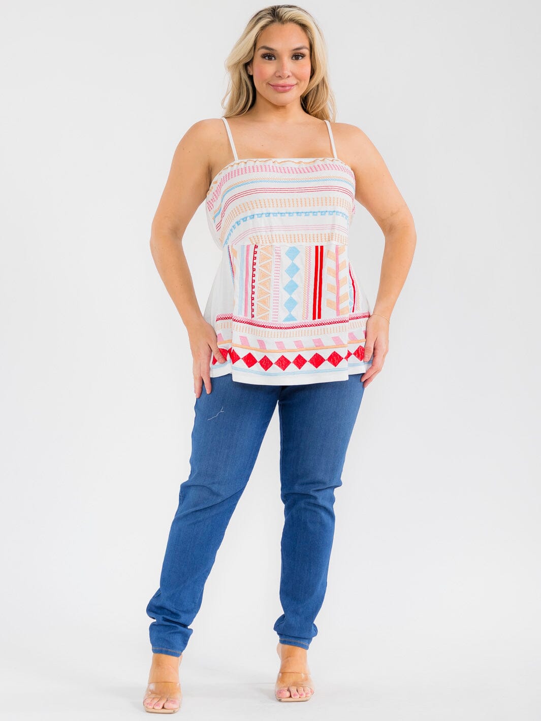 PLUS SIZE SLEEVELESS EMBROIDERY MULTI PRINT TANK TOP