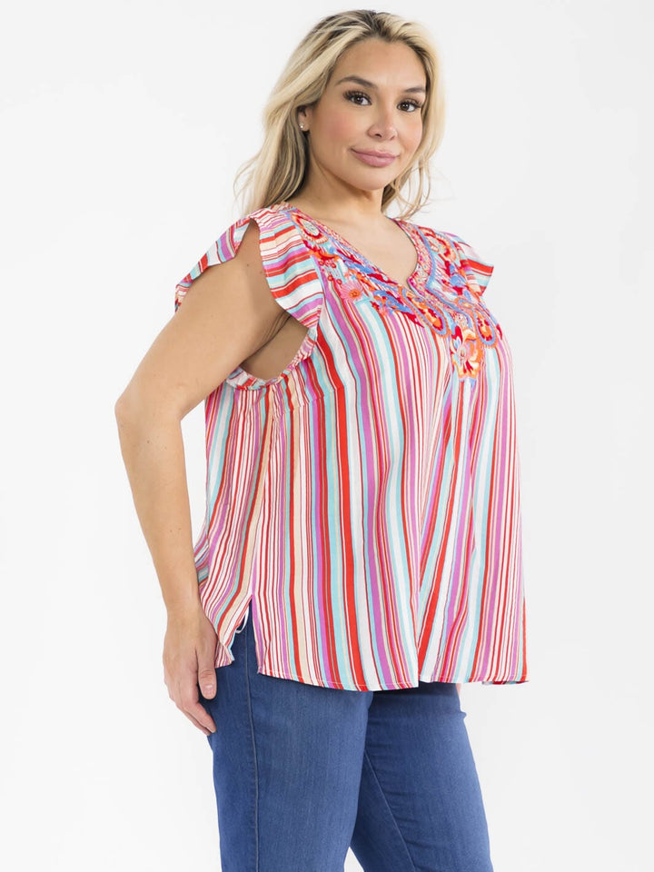 PLUS SIZE RUFFLE SLEEVE V-NECK FLORAL EMBROIDERY TUNIC BLOUSE