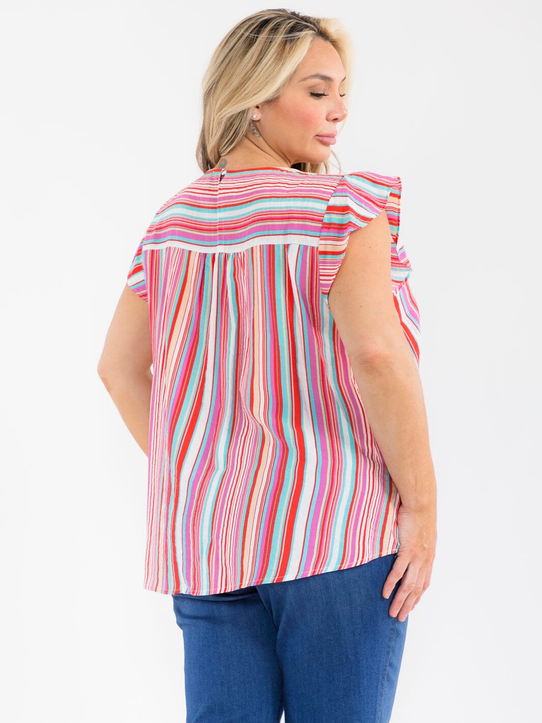 PLUS SIZE RUFFLE SLEEVE V-NECK FLORAL EMBROIDERY TUNIC BLOUSE