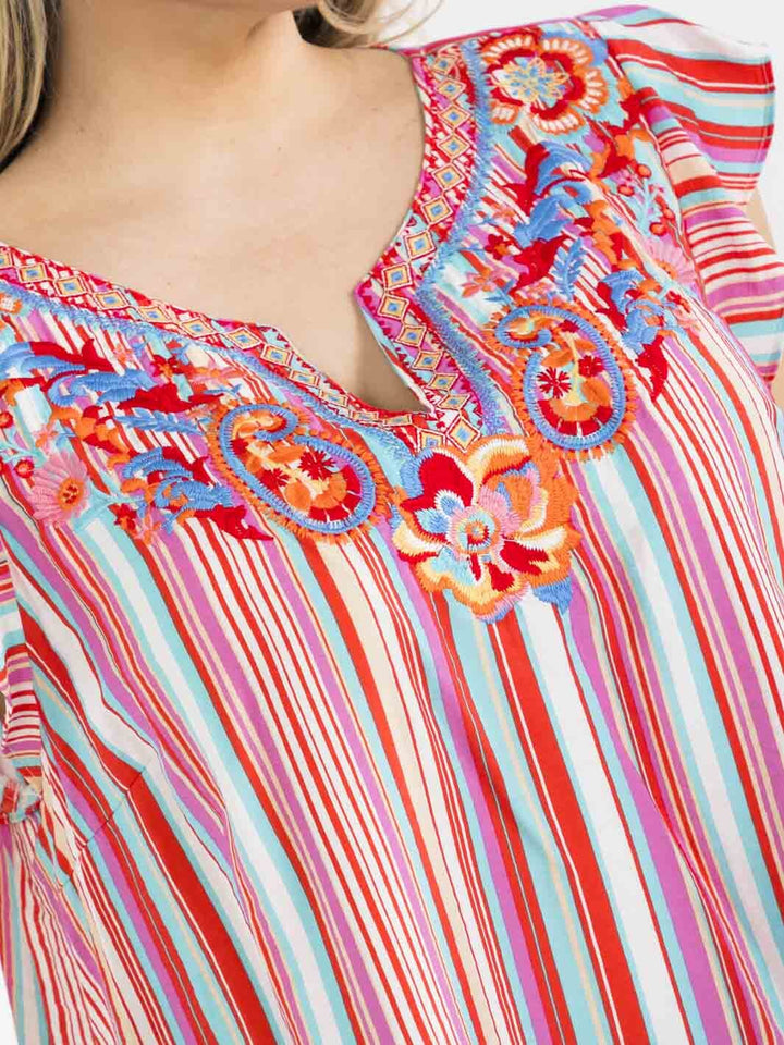 PLUS SIZE RUFFLE SLEEVE V-NECK FLORAL EMBROIDERY TUNIC BLOUSE