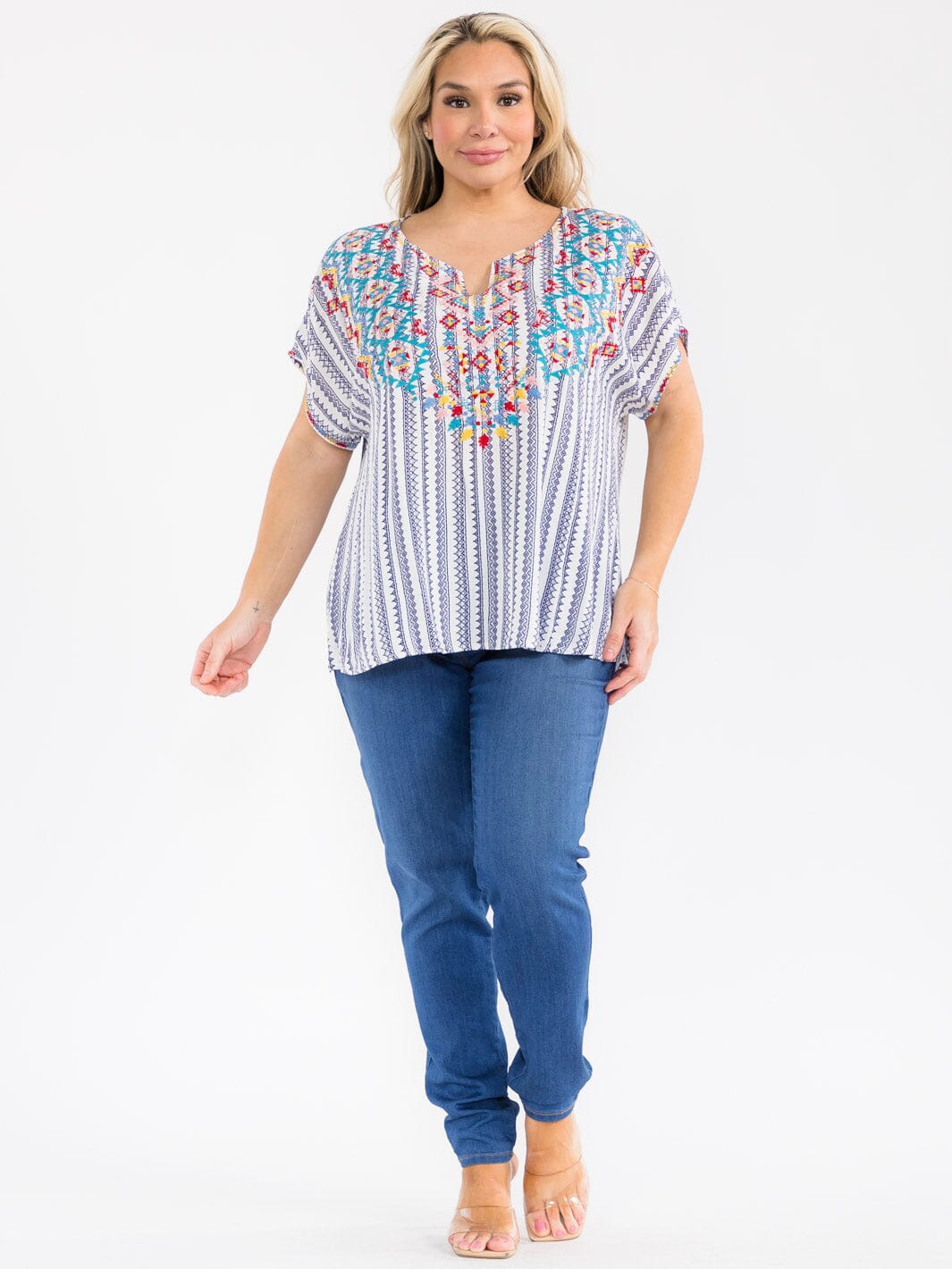 PLUS SIZE SHORT SLEEVE V-NECK EMBROIDERY MULTI PRINT BLOUSE