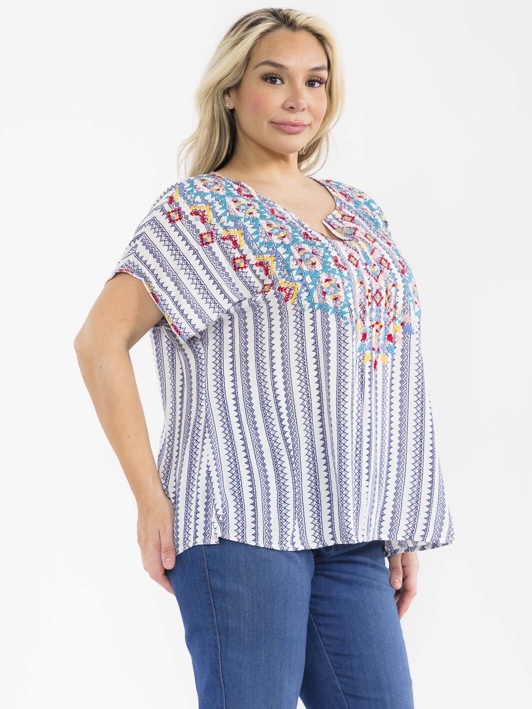 PLUS SIZE SHORT SLEEVE V-NECK EMBROIDERY MULTI PRINT BLOUSE