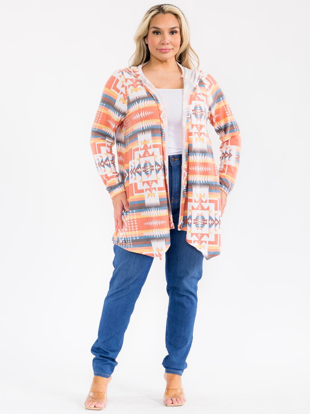 PLUS SIZE LONG SLEEVE OPEN FRONT MULTI PRINT HOODED CARDIGAN