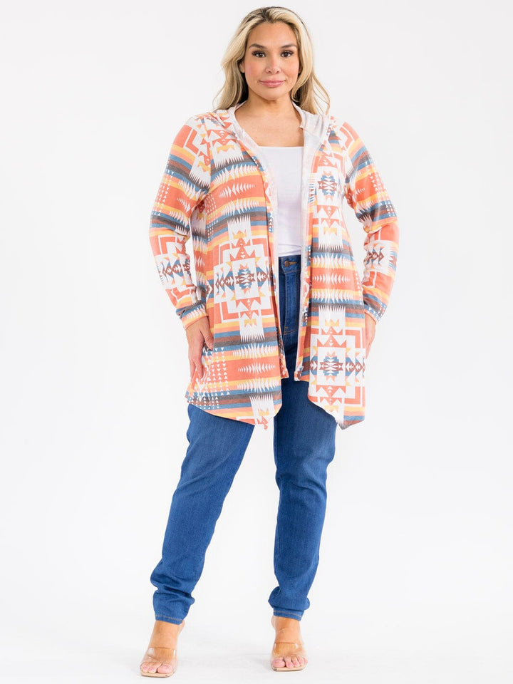 PLUS SIZE LONG SLEEVE OPEN FRONT MULTI PRINT HOODED CARDIGAN