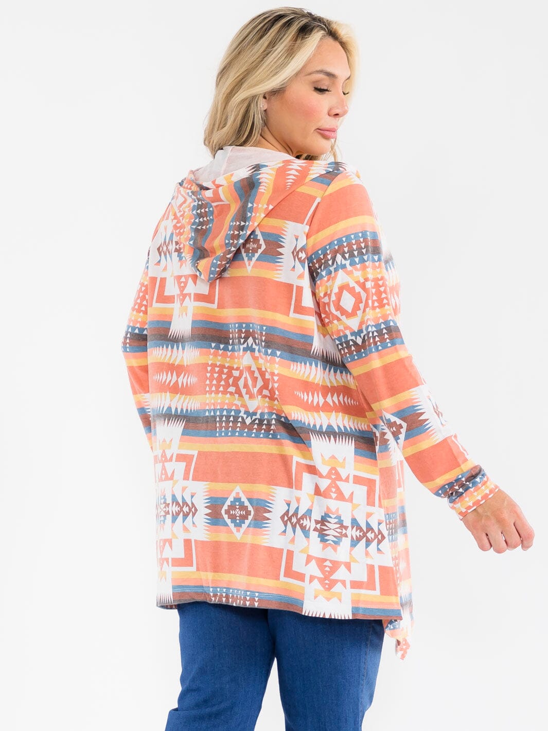 PLUS SIZE LONG SLEEVE OPEN FRONT MULTI PRINT HOODED CARDIGAN