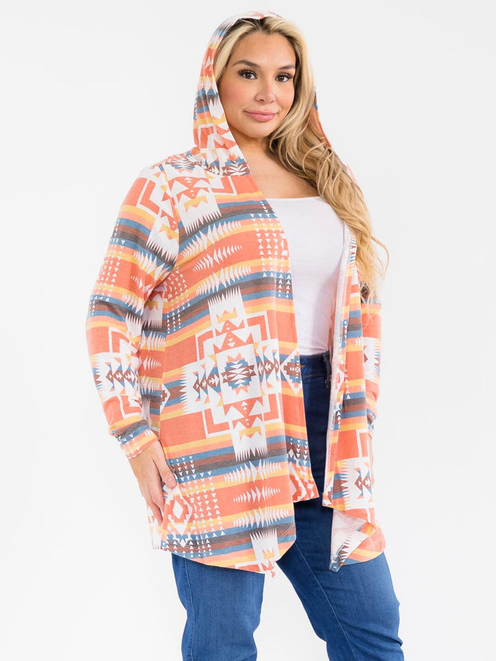 PLUS SIZE LONG SLEEVE OPEN FRONT MULTI PRINT HOODED CARDIGAN