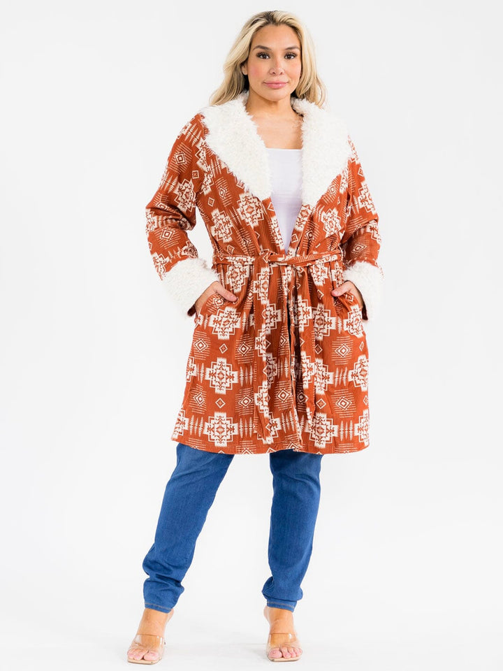 PLUS SIZE LONG SLEEVE OPEN FRONT SELF TIE FRONT POCKETS MULTI PRINT CARDIGAN