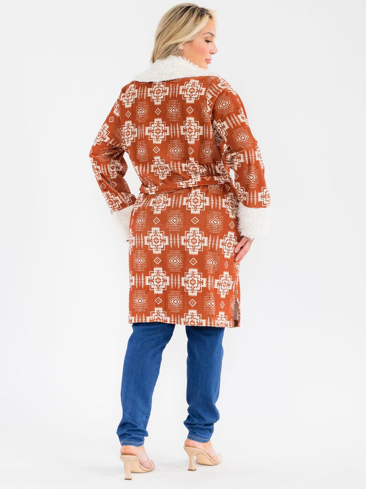 PLUS SIZE LONG SLEEVE OPEN FRONT SELF TIE FRONT POCKETS MULTI PRINT CARDIGAN