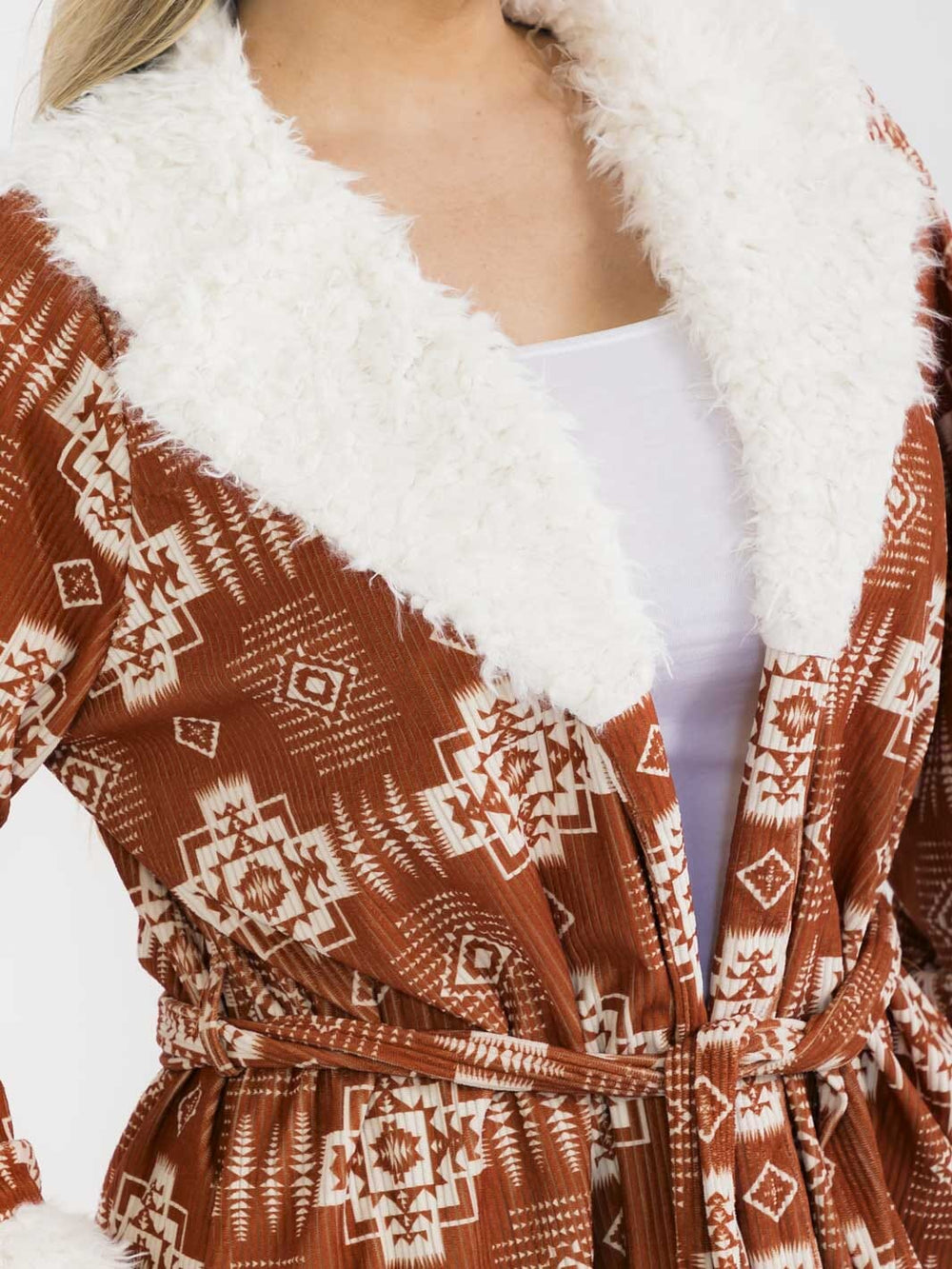 PLUS SIZE LONG SLEEVE OPEN FRONT SELF TIE FRONT POCKETS MULTI PRINT CARDIGAN