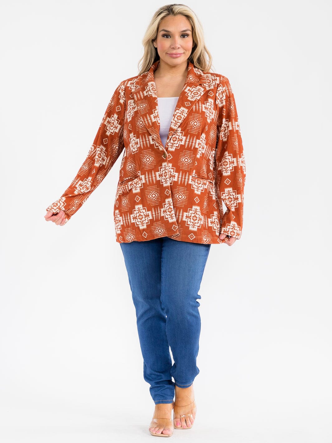 PLUS SIZE LONG SLEEVE BUTTON CLOSURE FRONT POCKETS MULTI PRINT BLAZER