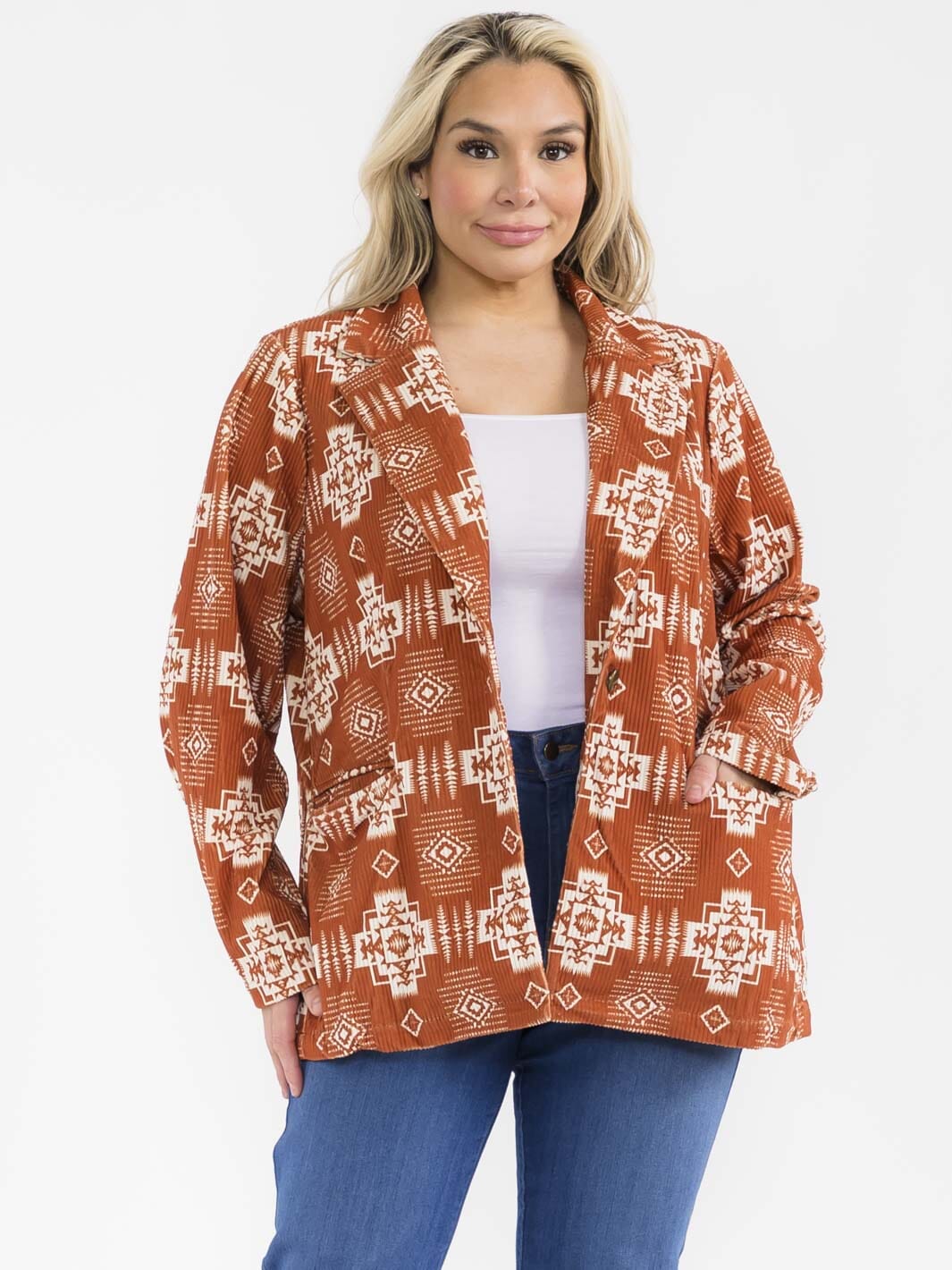 PLUS SIZE LONG SLEEVE BUTTON CLOSURE FRONT POCKETS MULTI PRINT BLAZER