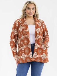 PLUS SIZE LONG SLEEVE BUTTON CLOSURE FRONT POCKETS MULTI PRINT BLAZER