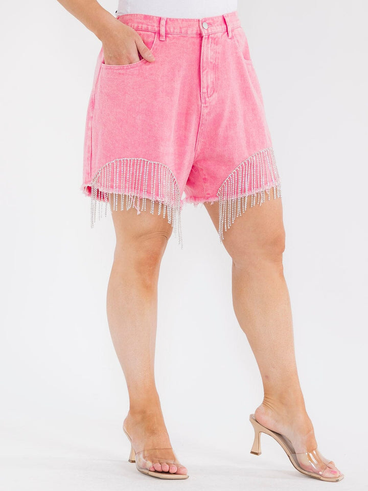 PLUS SIZE BUTTON CLOSURE POCKETS STUDS FRINGE WASHED DENIM MINI SHORTS