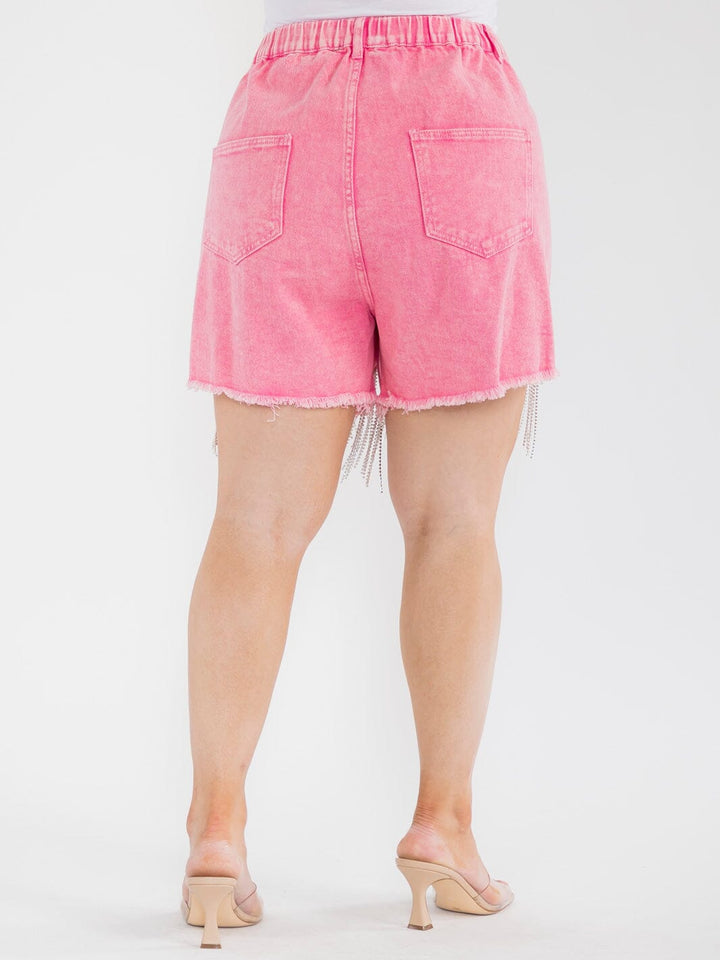 PLUS SIZE BUTTON CLOSURE POCKETS STUDS FRINGE WASHED DENIM MINI SHORTS