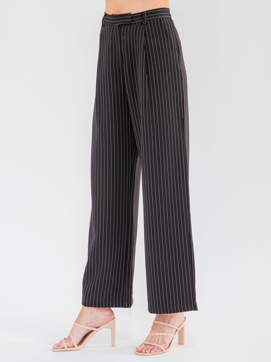 WOMEN'S BUTTON CLOSURE POCKETS STRIPES STRAIGHT LEG PANTS