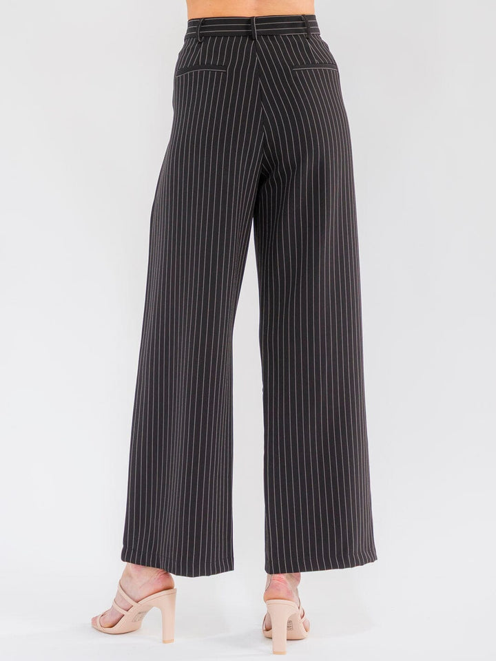 WOMEN'S BUTTON CLOSURE POCKETS STRIPES STRAIGHT LEG PANTS