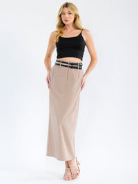 WOMEN'S BUTTON CLOSURE POCKETS DOUBLE BELTED MAXI SKIRT