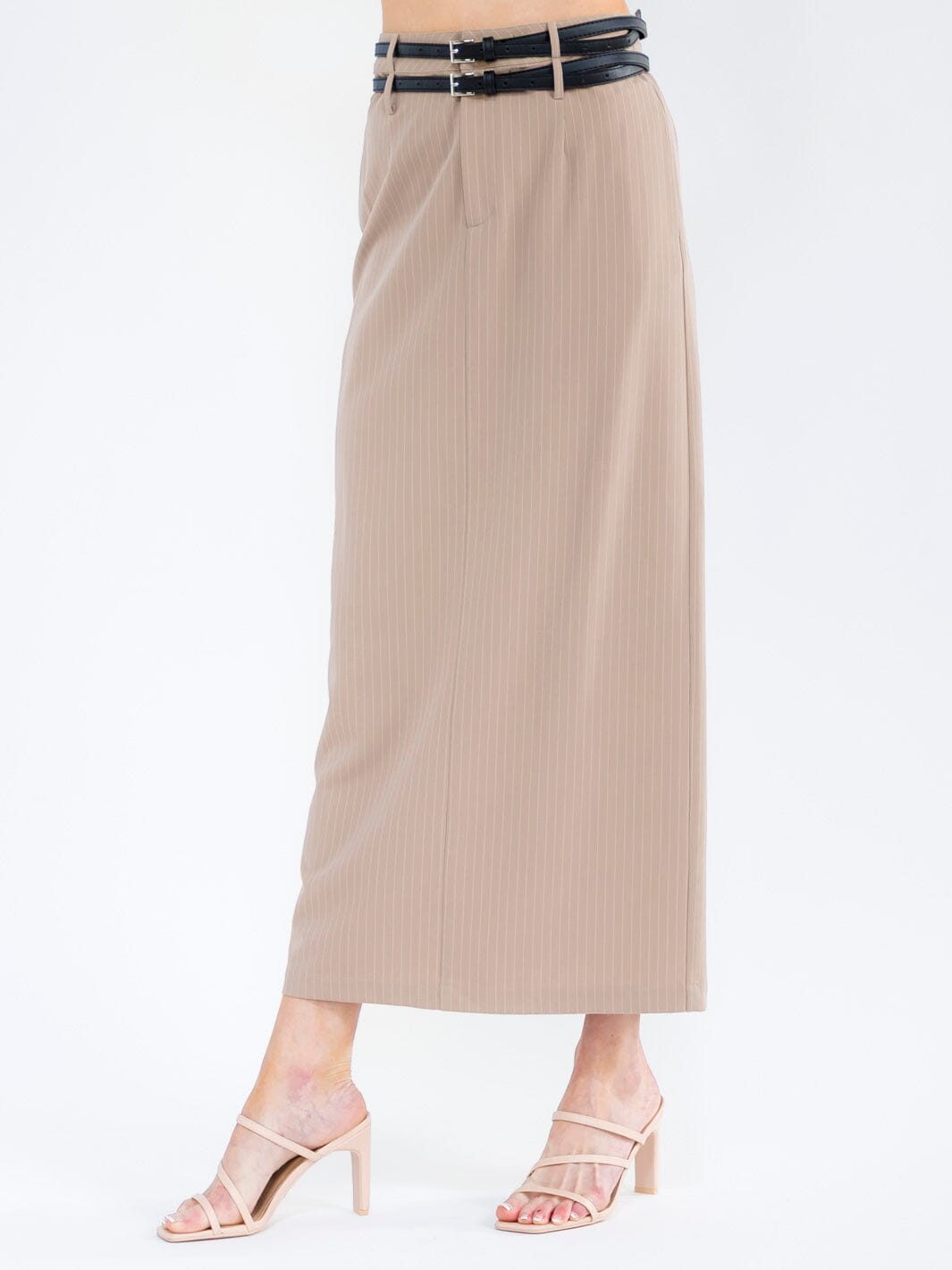 WOMEN'S BUTTON CLOSURE POCKETS DOUBLE BELTED MAXI SKIRT