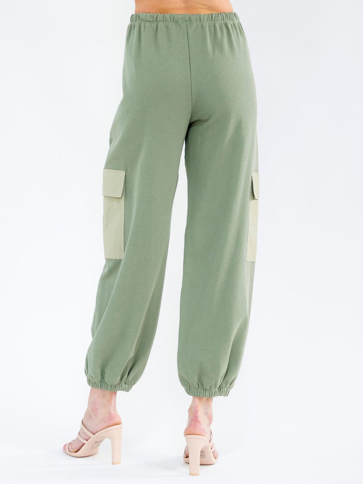 WOMEN'S ELASSTIC WAIST CARGO POCKETS COLORBLOCK JOGGER PANTS