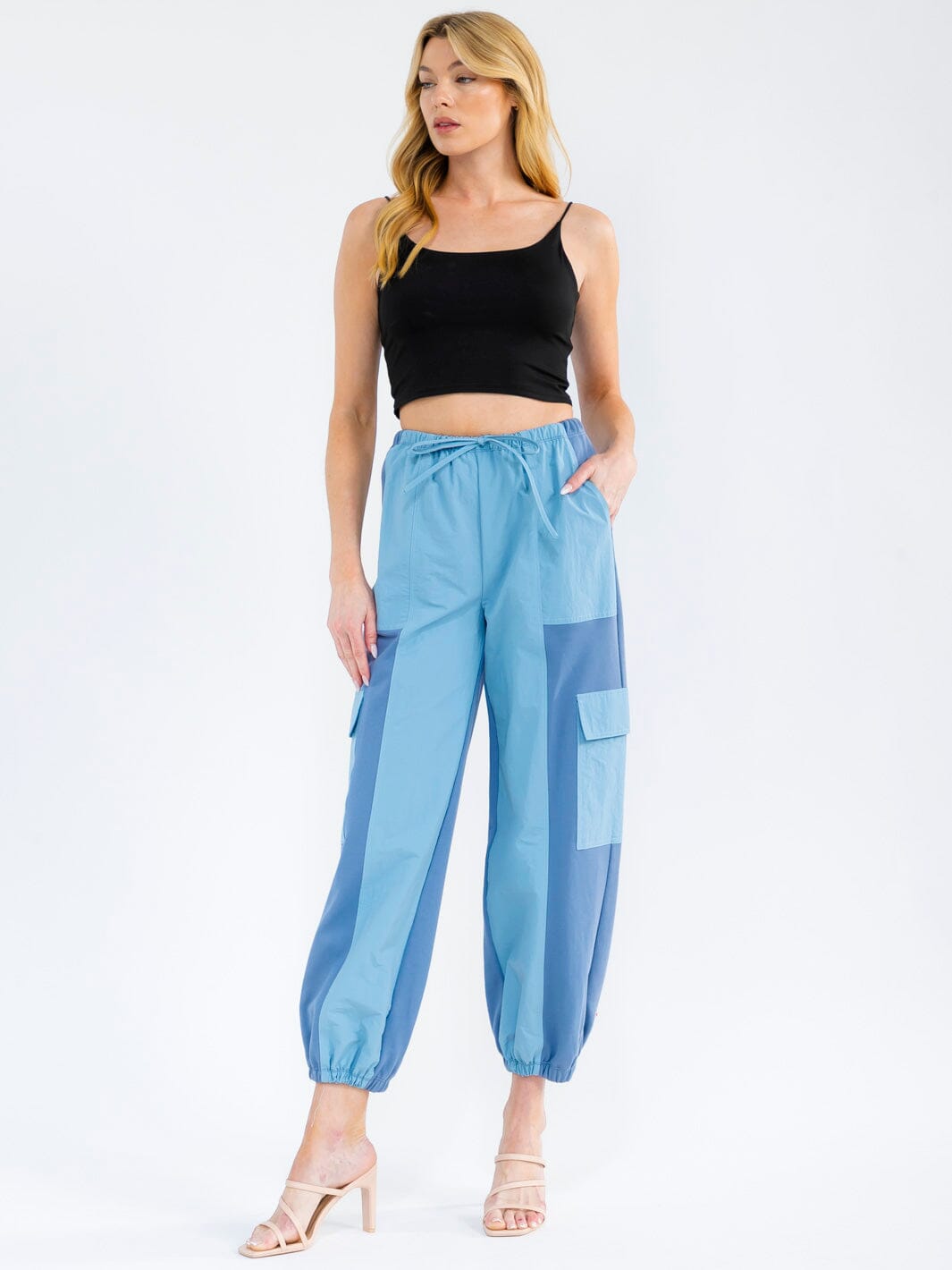 WOMEN'S ELASSTIC WAIST CARGO POCKETS COLORBLOCK JOGGER PANTS