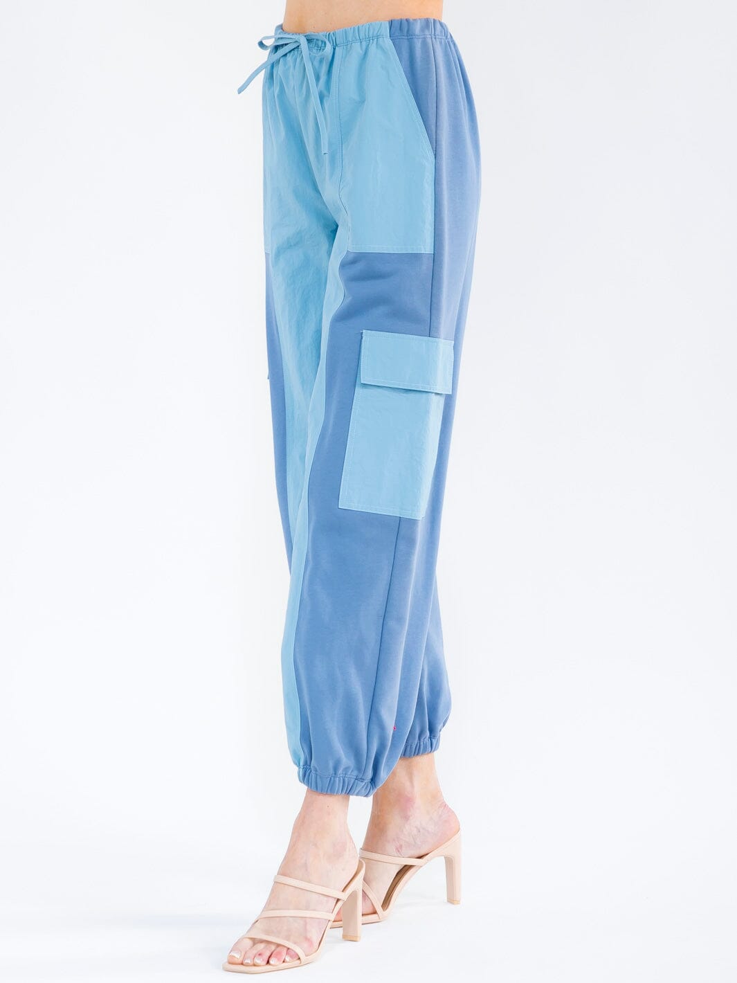 WOMEN'S ELASSTIC WAIST CARGO POCKETS COLORBLOCK JOGGER PANTS