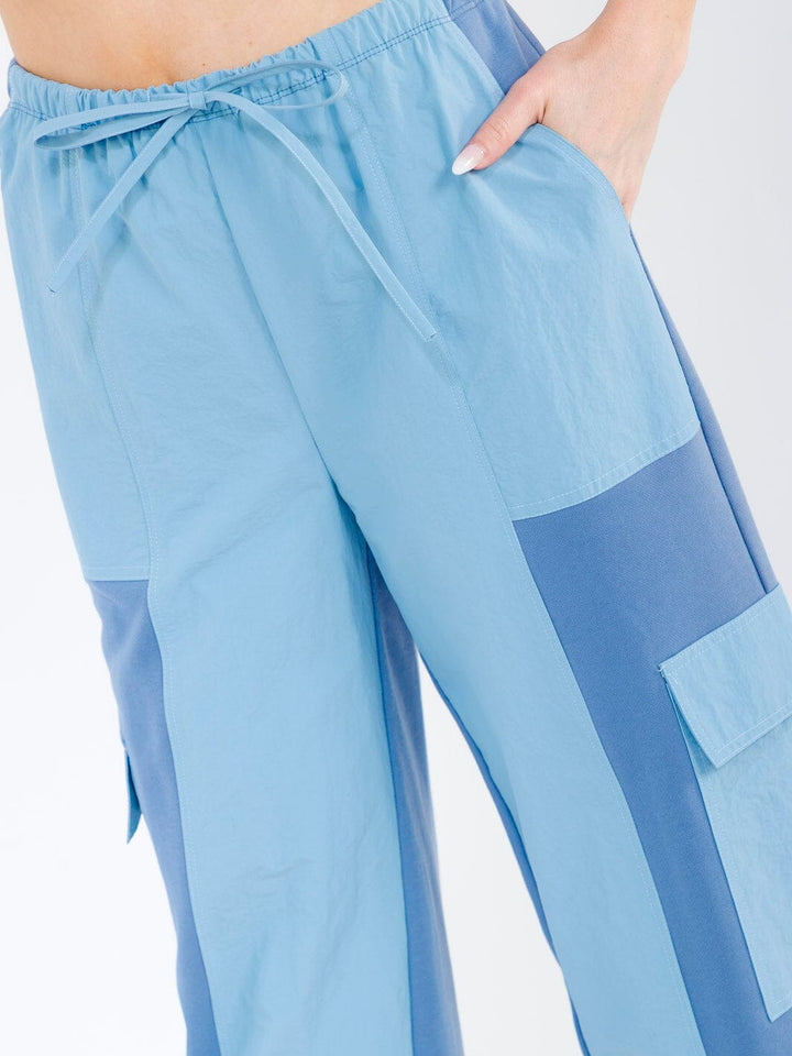 WOMEN'S ELASSTIC WAIST CARGO POCKETS COLORBLOCK JOGGER PANTS