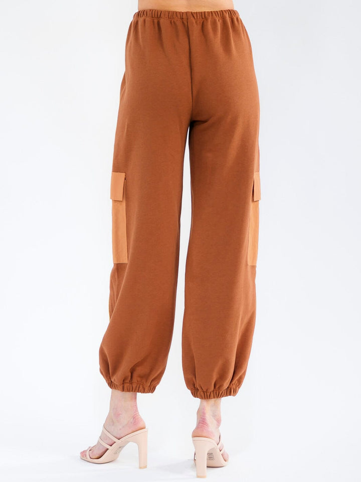 WOMEN'S ELASSTIC WAIST CARGO POCKETS COLORBLOCK JOGGER PANTS