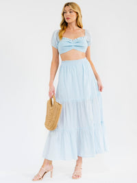 WOMEN'S SHORT SLEEVE CROP TOP & ELASTIC WAIST MAXI SKIRT SWISS DOTS 2PC. SET
