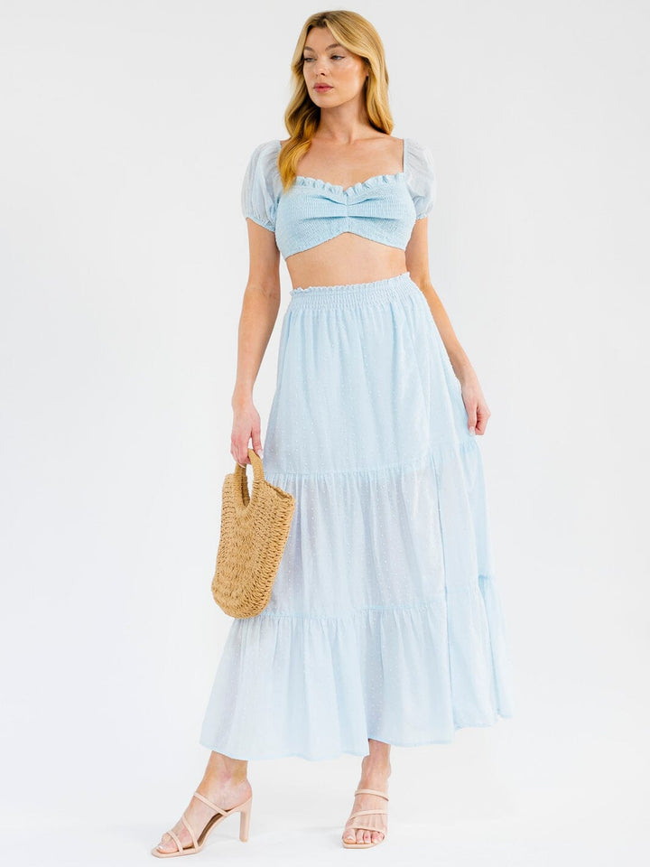 WOMEN'S SHORT SLEEVE CROP TOP & ELASTIC WAIST MAXI SKIRT SWISS DOTS 2PC. SET