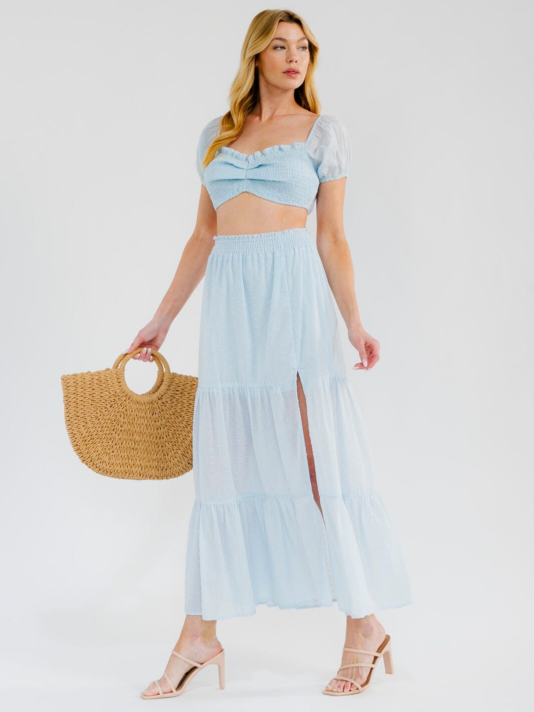 WOMEN'S SHORT SLEEVE CROP TOP & ELASTIC WAIST MAXI SKIRT SWISS DOTS 2PC. SET