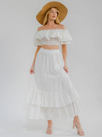 WOMEN'S SHORT SLEEVE CROP TOP & ELASTIC WAIST MAXI SKIRT TIERED RUFFLE 2PC. SET