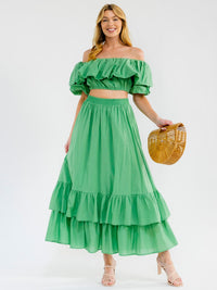 WOMEN'S SHORT SLEEVE CROP TOP & ELASTIC WAIST MAXI SKIRT TIERED RUFFLE 2PC. SET