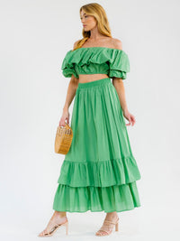 WOMEN'S SHORT SLEEVE CROP TOP & ELASTIC WAIST MAXI SKIRT TIERED RUFFLE 2PC. SET