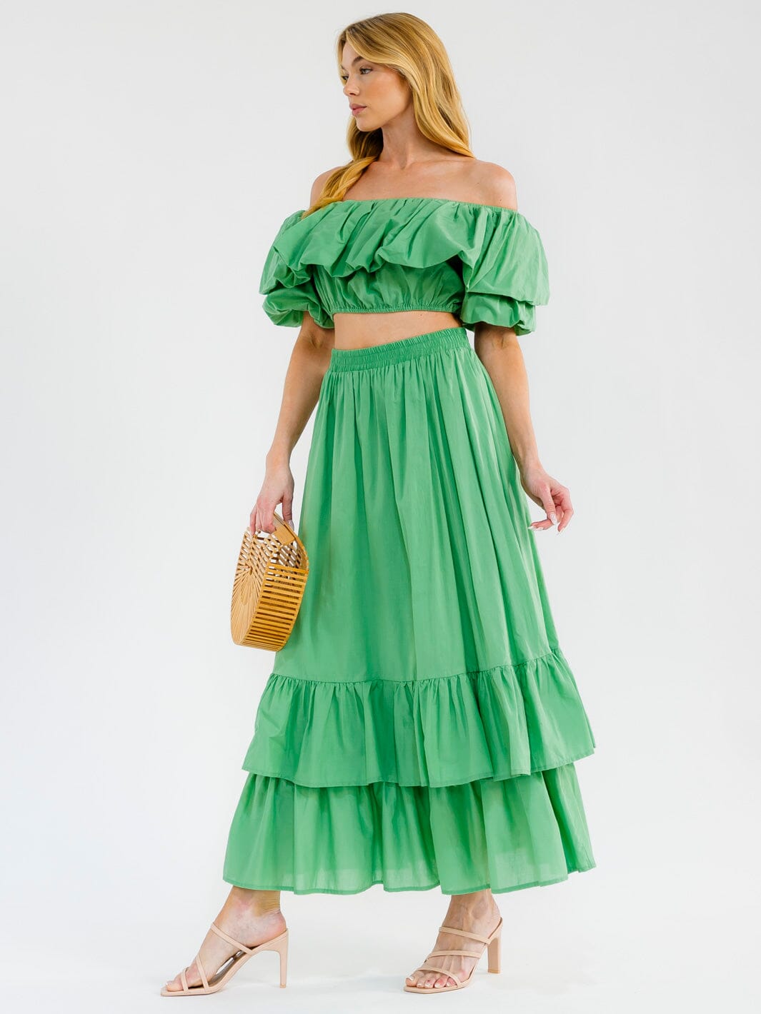 WOMEN'S SHORT SLEEVE CROP TOP & ELASTIC WAIST MAXI SKIRT TIERED RUFFLE 2PC. SET