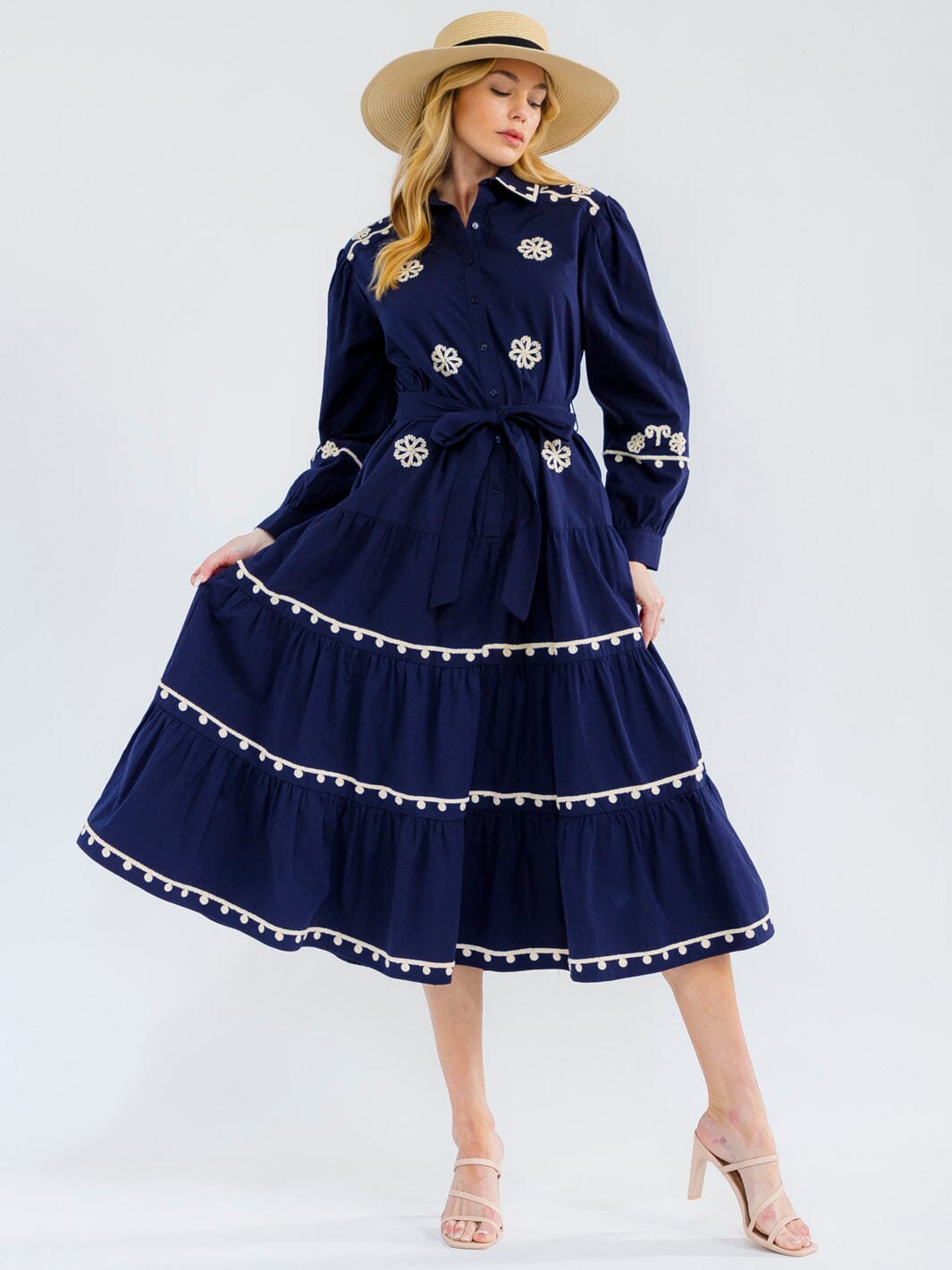 WOMEN'S LONG SLEEVE BUTTON UP TIERED EMBROIDERY MAXI DRESS