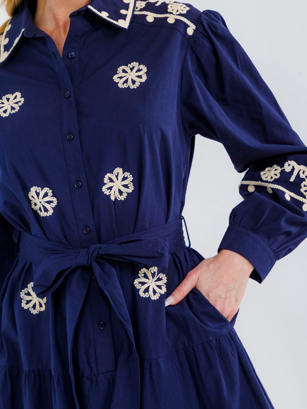 WOMEN'S LONG SLEEVE BUTTON UP TIERED EMBROIDERY MAXI DRESS