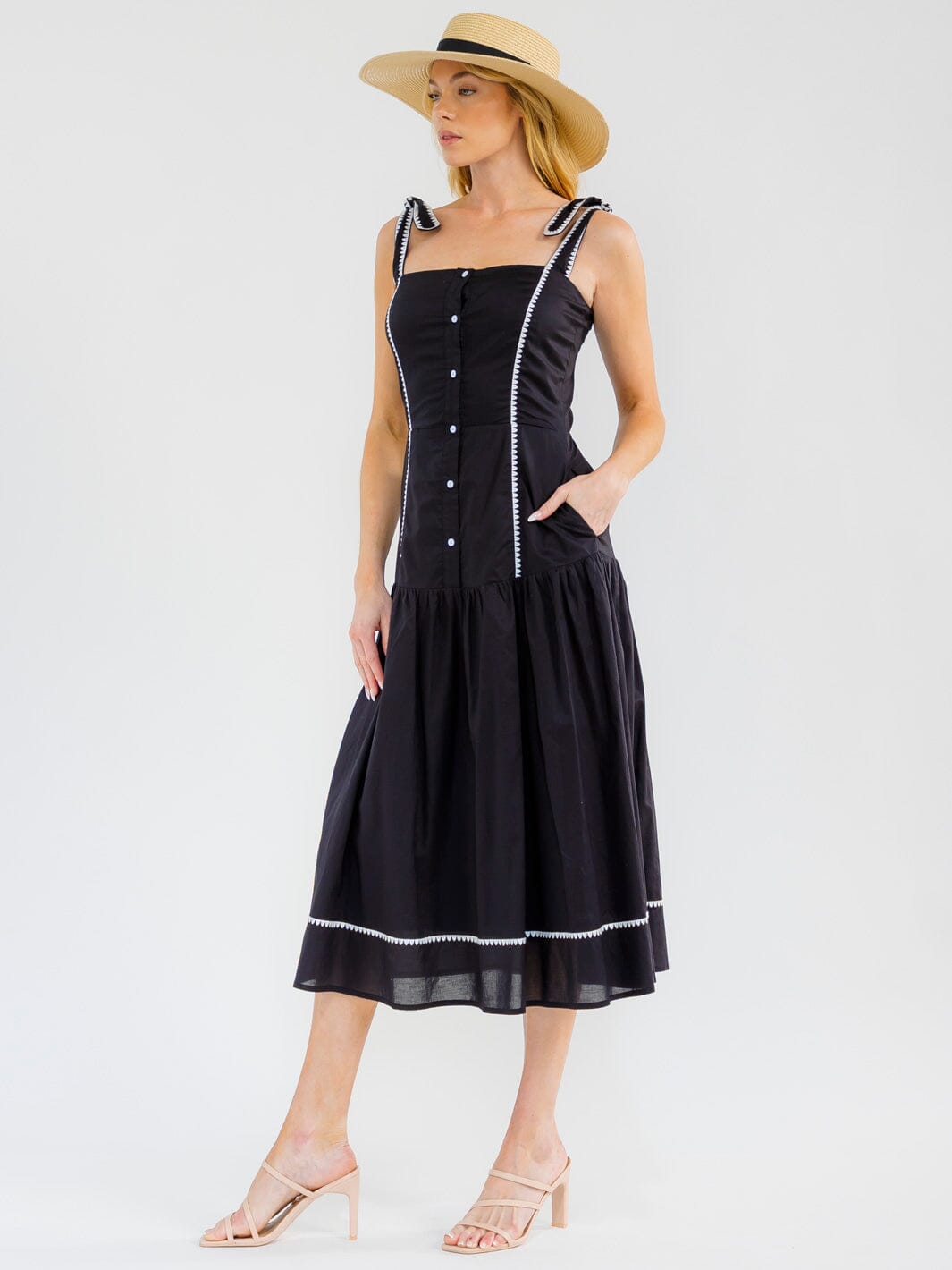 WOMEN'S SLEEVELESS BUTTON UP FRONT POCKETS SMOCK MAXI DRESS