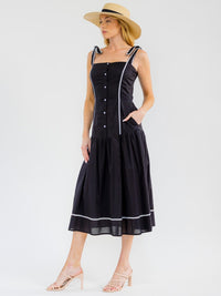 WOMEN'S SLEEVELESS BUTTON UP FRONT POCKETS SMOCK MAXI DRESS