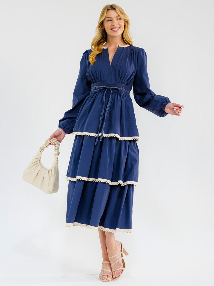 WOMEN'S LONG SLEEVE V-NECK RUFFLE TIERED MAXI DRESS
