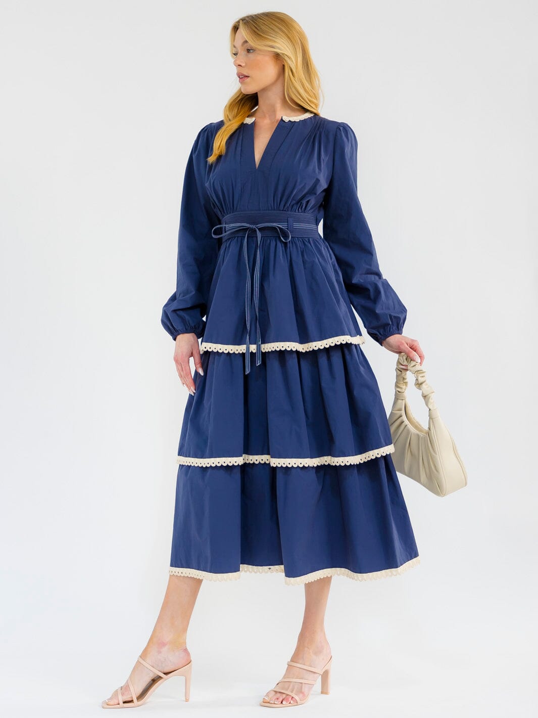 WOMEN'S LONG SLEEVE V-NECK RUFFLE TIERED MAXI DRESS