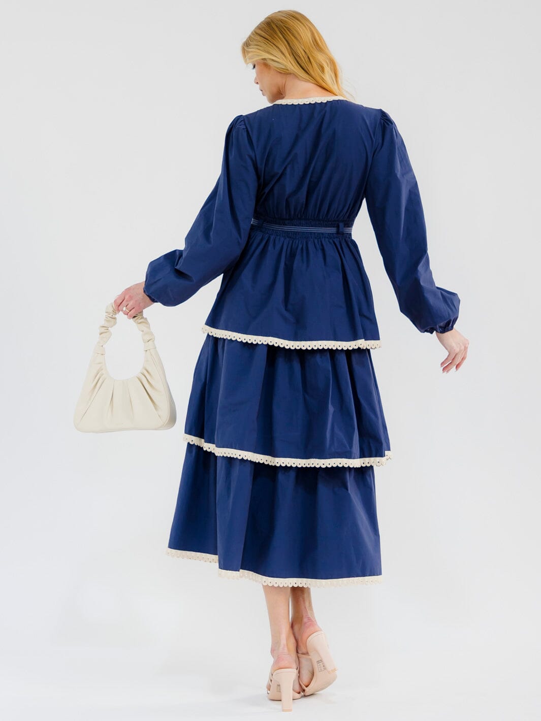 WOMEN'S LONG SLEEVE V-NECK RUFFLE TIERED MAXI DRESS