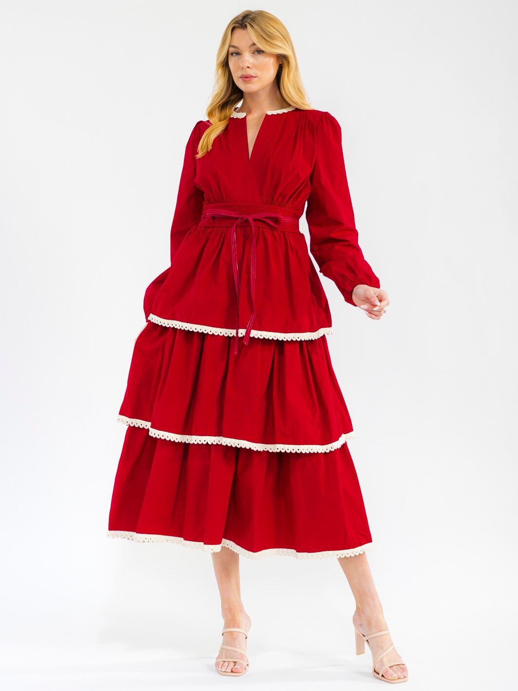 WOMEN'S LONG SLEEVE V-NECK RUFFLE TIERED MAXI DRESS