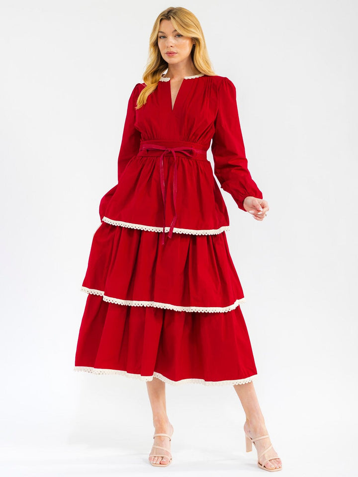 WOMEN'S LONG SLEEVE V-NECK RUFFLE TIERED MAXI DRESS