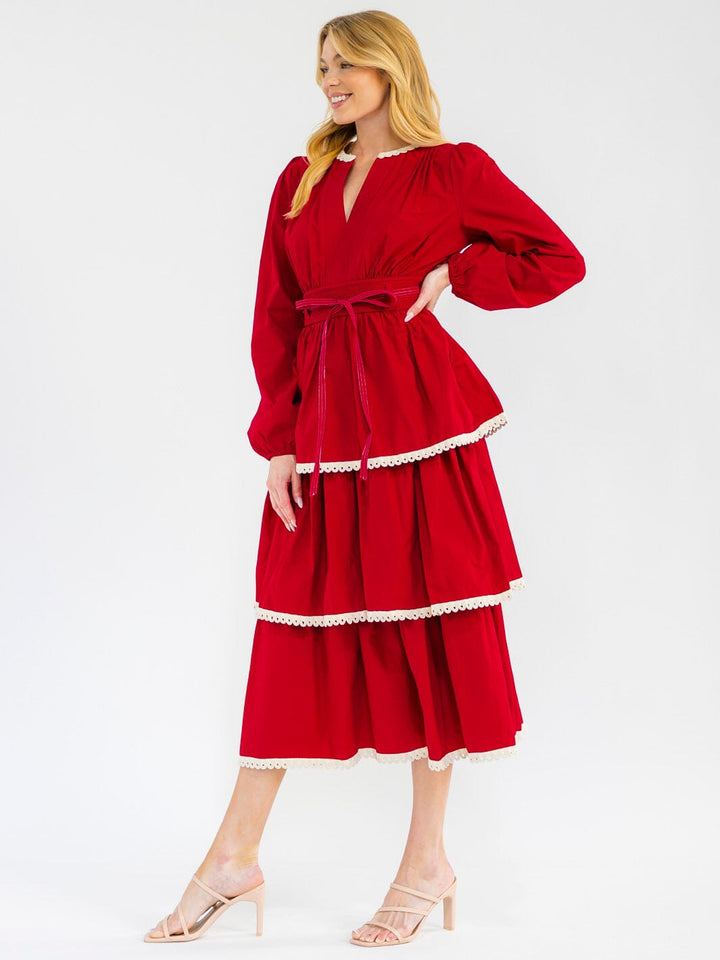 WOMEN'S LONG SLEEVE V-NECK RUFFLE TIERED MAXI DRESS
