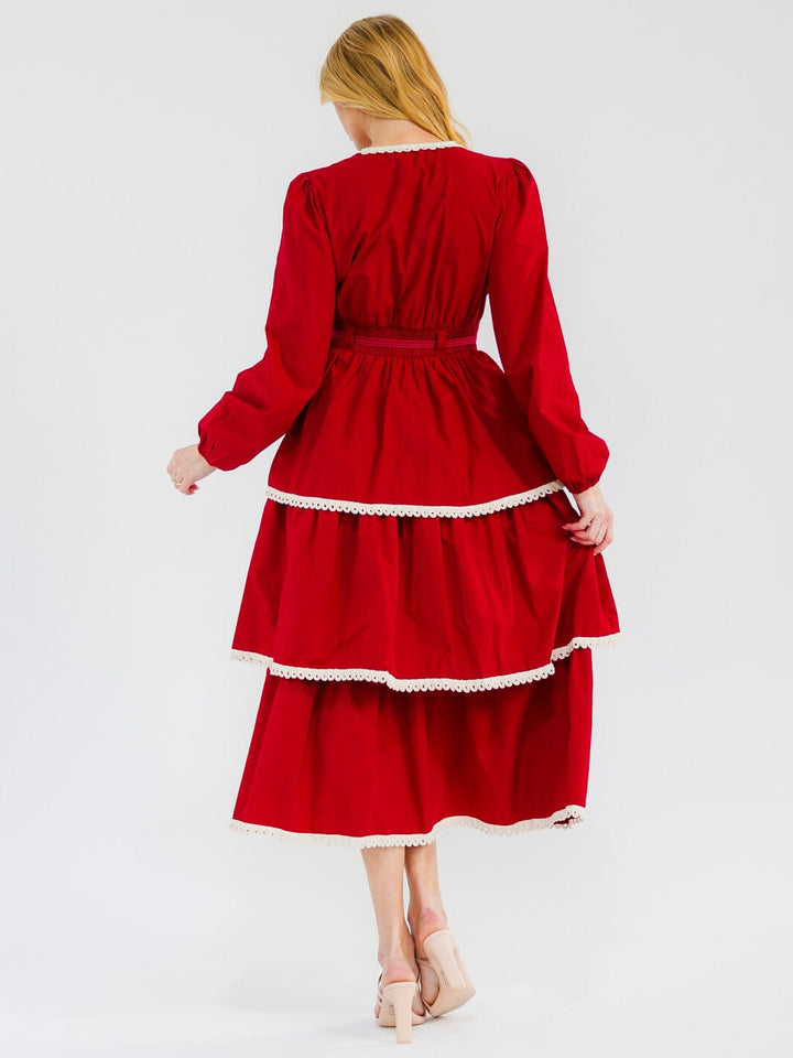 WOMEN'S LONG SLEEVE V-NECK RUFFLE TIERED MAXI DRESS