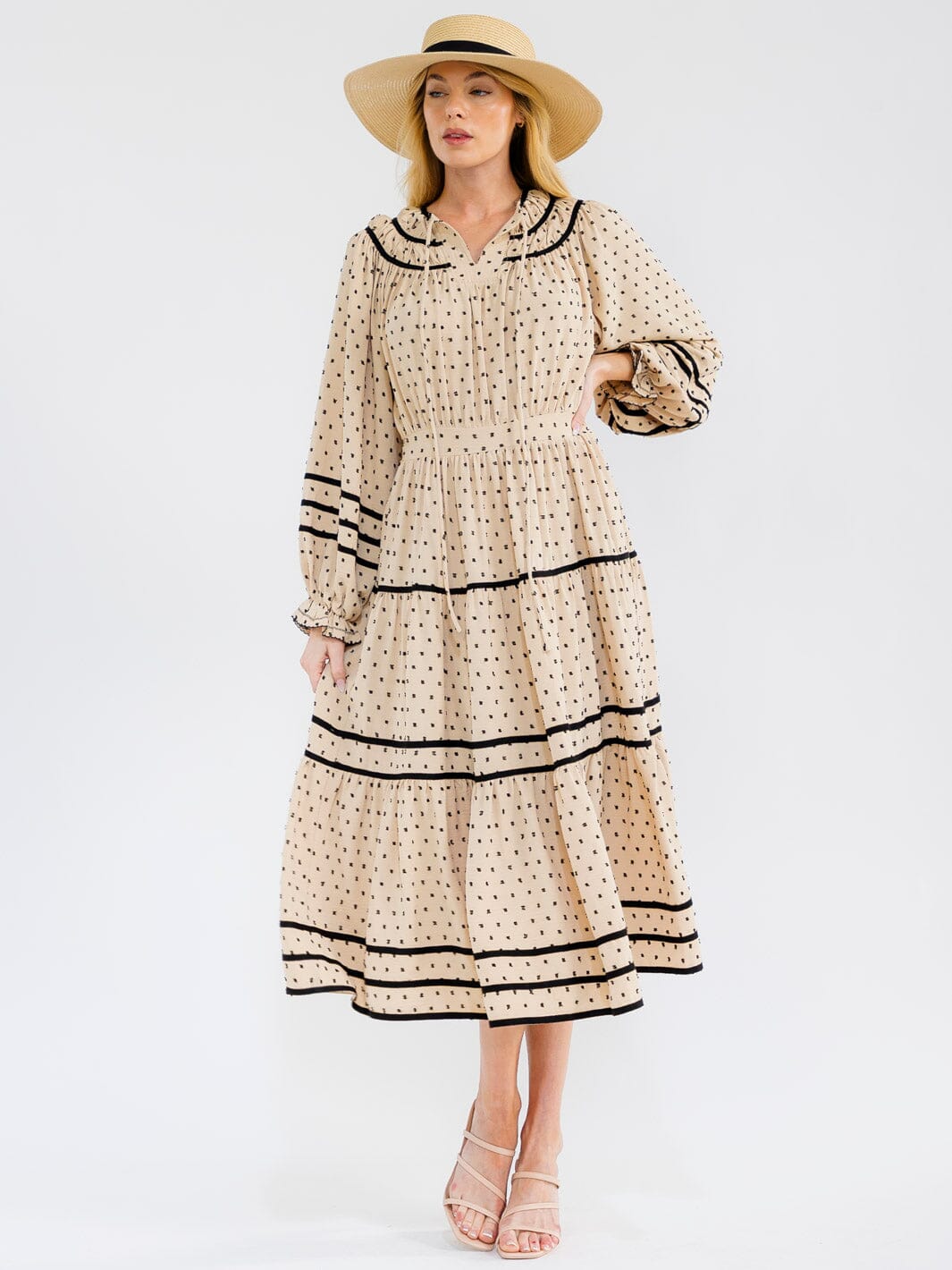 WOMEN'S LONG SLEEVE BUTTON UP FRONT POCKETS SWISS DOTS MAXI DRESS
