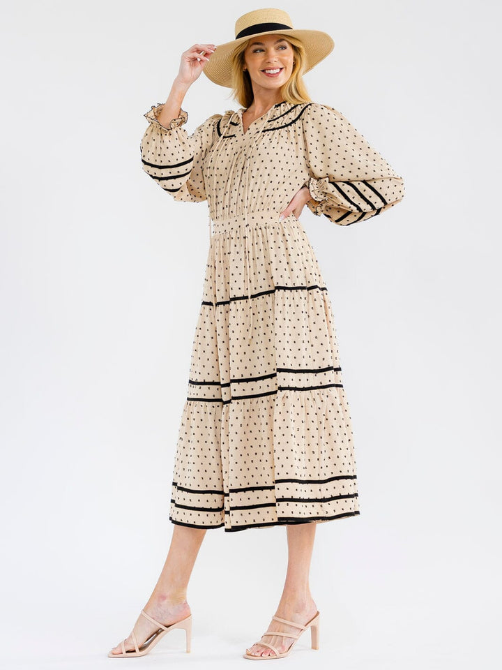 WOMEN'S LONG SLEEVE BUTTON UP FRONT POCKETS SWISS DOTS MAXI DRESS